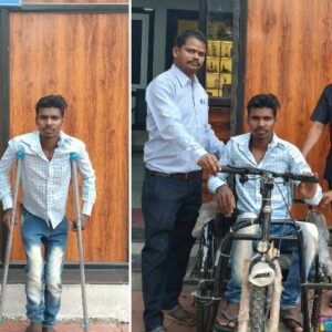 मुख्यमंत्री कैंप कार्यालय में निशक्त हेरालाल राम को प्रदान किया गया मोटराइज ट्राई सायकल और वैशाखी