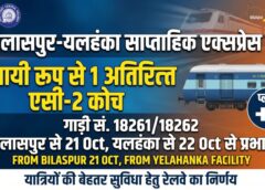 बिलासपुर-यलहंका एक्सप्रेस में सफर करने वालों के लिए बड़ी राहत! 21 अक्टूबर से स्थायी रूप से बढ़ेगा एसी-2 कोच, अब ज्यादा यात्रियों को मिल सकेगी कंफर्म बर्थ